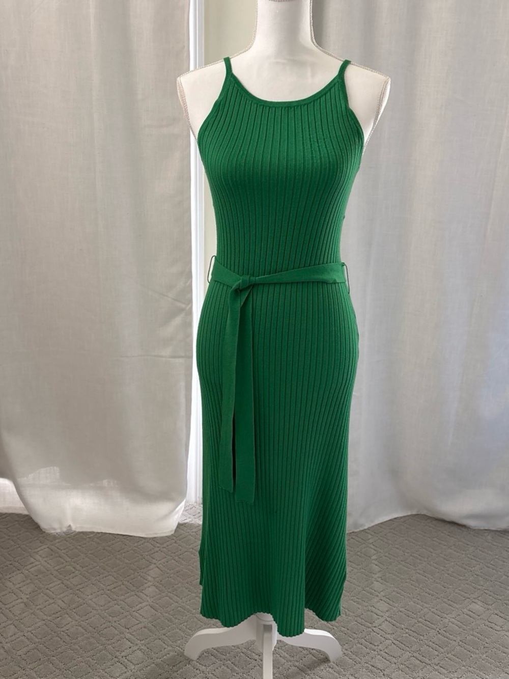 Pink Rose Sleeveless Ribbed Knit Green Midi Dress with Waist Tie